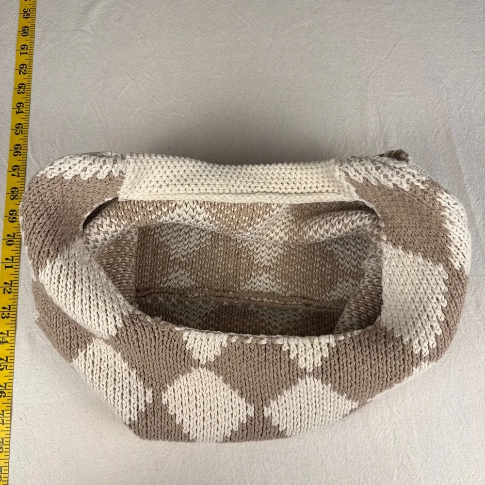 Kopari Tote Bag Women OS Tan Cream Boho Limited Edition Checkered Knit Diamond